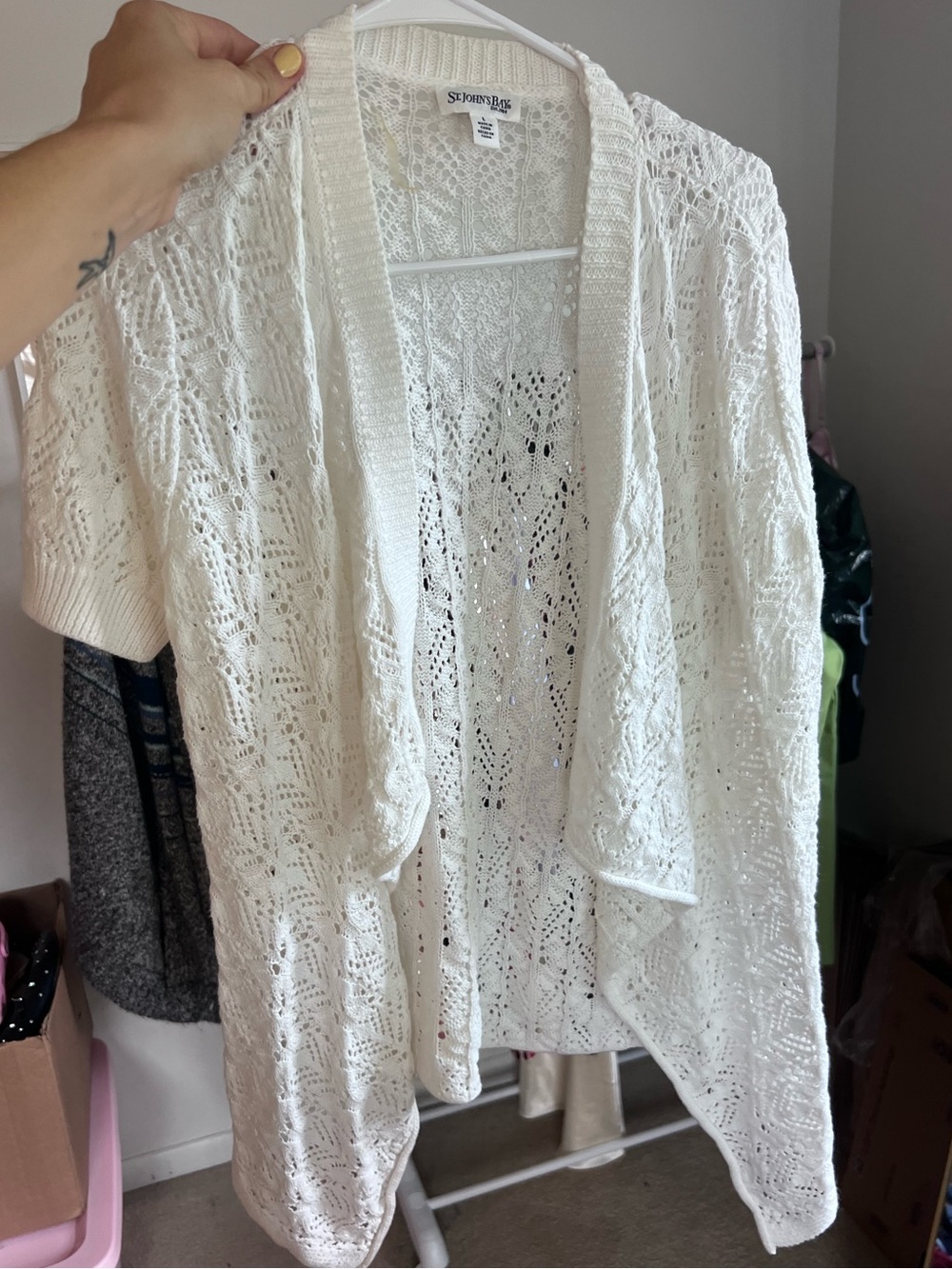 St. John's Bay White Open Front Pointelle Lace Knit Short Sleeve Cardigan Size L